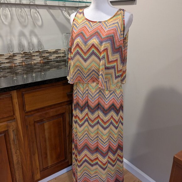 Stunning Boho Multicolor Chevron Tiered Maxi Dress Sz Large Gold Purple Blue - Picture 1 of 6